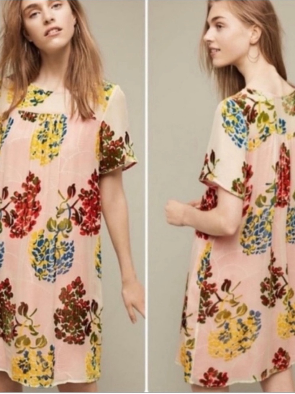 Anthropologie Pink Floral Short Sleeve Shift Dress